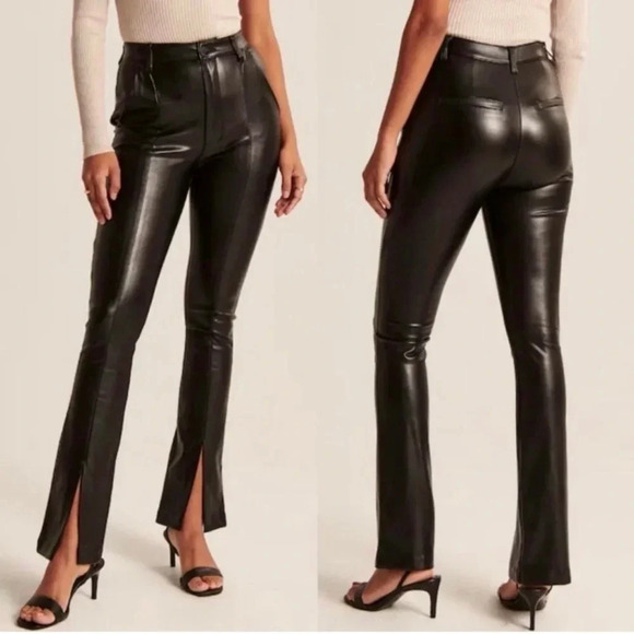 Abercrombie The Skinny Ultra High Rise Pants Faux Leather Black Split Hem - Picture 1 of 10